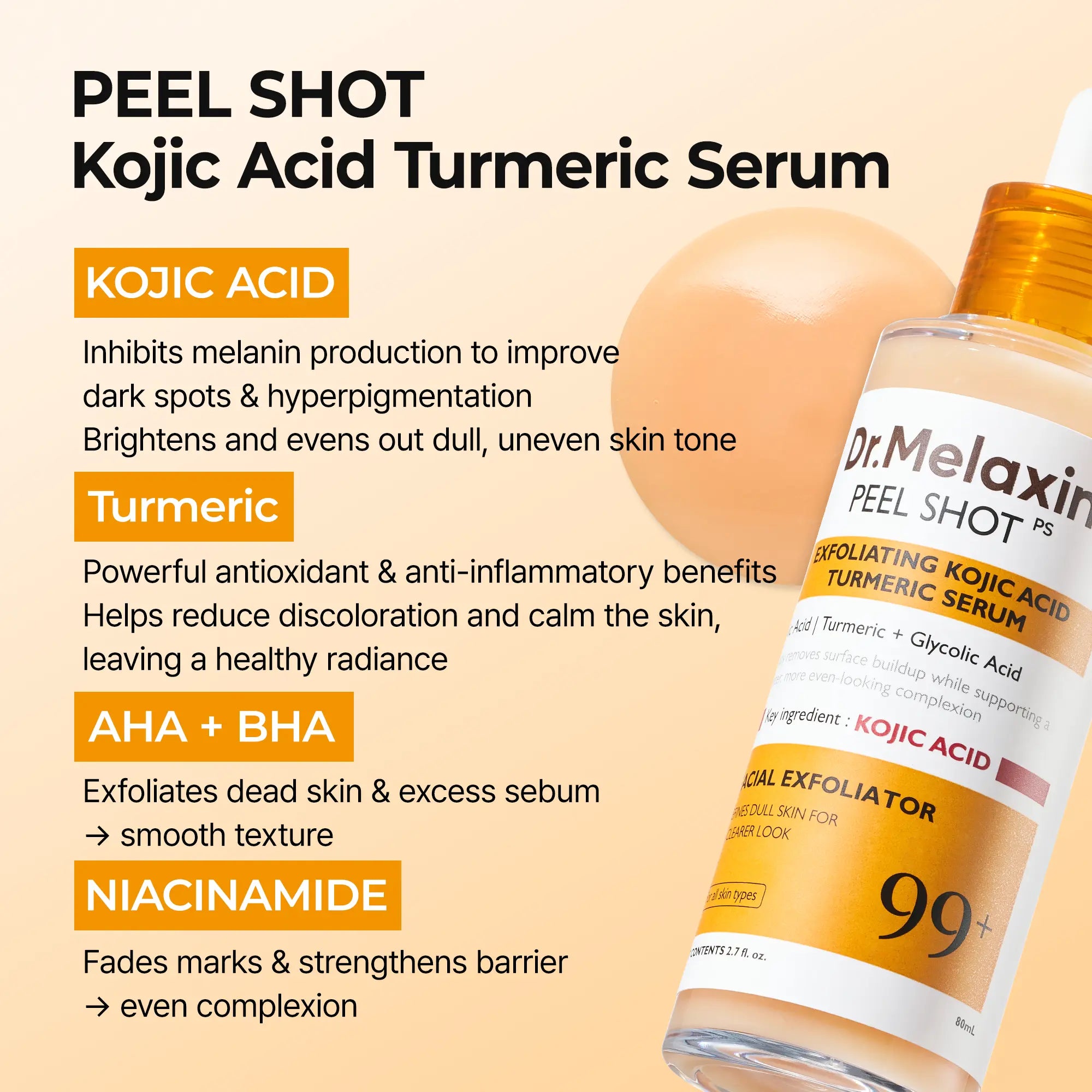 [Dr.melaxin Official] Peel Shot Kojic Acid Turmeric Serum 80ml For Dark Spot Care Exfoliaing Niacinamide Dead Skin Korean Skin Care for Even Skin Tone